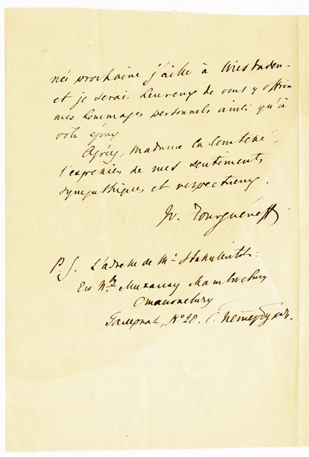 Автограф. Письмо И.С. Тургенева - дочери А.С. Пушкина, графине Наталье Александровне фон Меренберг. Париж, 1878 г. 2.jpg