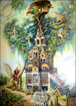 Сюрреалистические картины Вадима Дрёмова украшают стены библиотеки; фото автора